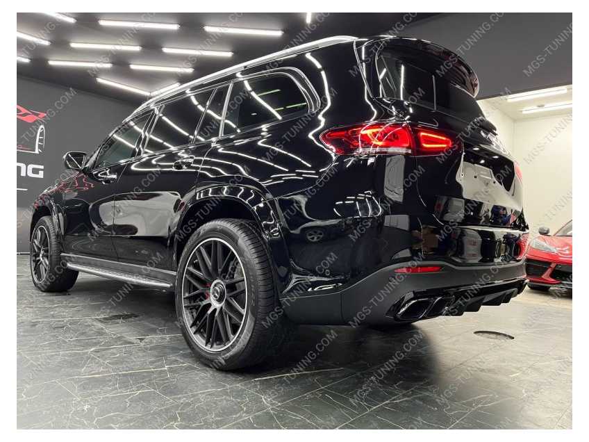 Диффузор (юбка) заднего бампера в стиле 63 АМГ / ГЛС63 Двойные черные насадки на выхлоп (трубы) в стиле 63 AMG / GLS63 Левый и правый силовые пороги (подножки) для Mercedes GLS class X167 (Мерседес ГЛС класс 167 кузов 2019+)