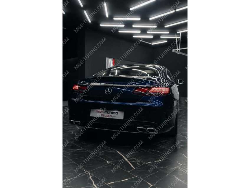 Диффузор заднего бампера стиль S63 AMG хром Двойные насадки на выхлоп глушитель хромированные с63 амг обвес в стиле S63 AMG рестайлинг 2017+ для Мерседес S класс купе в кузове С217 с 2013 по 2020