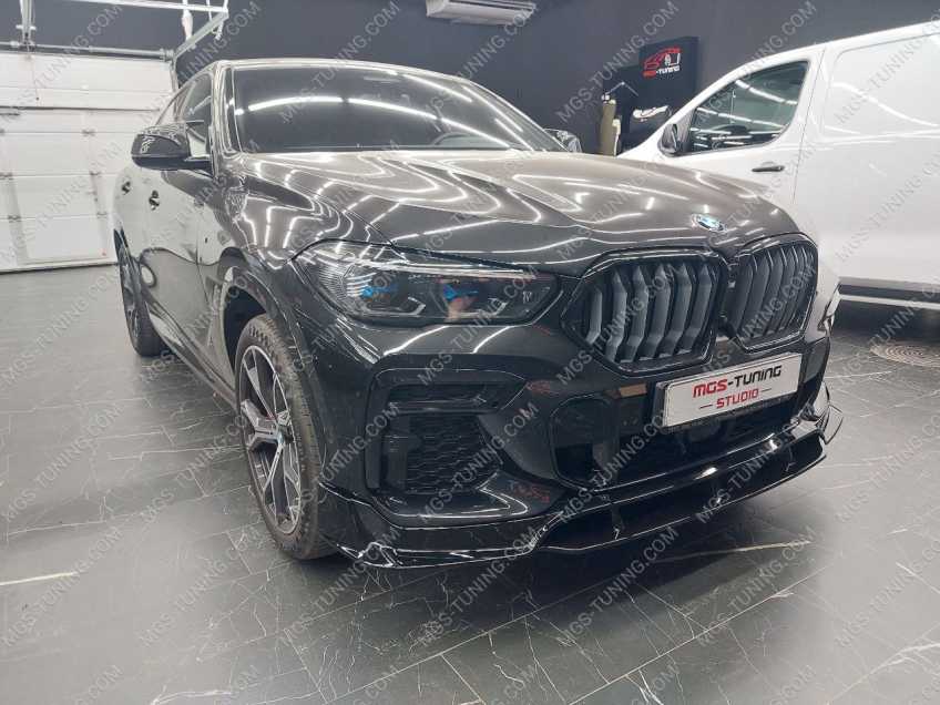 Губа переднего бампера черный глянец  BMW Х6 G06 + Диффузор с двойными насадками 