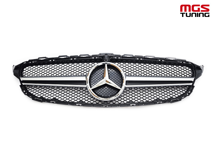 Решетка в стиле C63 Matte Chrome (под камеру) для Mercedes C-class W205/C205 (2014-2018) / Решетка в стиле Ц63 Матовый Хром (под камеру) для Мерседес Ц-класс В205/Ц205 (2014-2018)