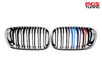 Решётка в стиле BMW M1 f20 15-19 с триколором М и хром ободом / Решётка в стиле БМВ М1 Ф20 15-19 с триколором М и хром ободом Решётка в стиле BMW M1 f20 15-19 с триколором М и хром ободом / Решётка в стиле БМВ М1 Ф20 15-19 с триколором М и хром ободом