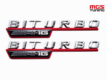 Шильдики Biturbo AMG на крылья красная линия хром / Шильдики Битурбо АМГ на крылья красная линия хром
